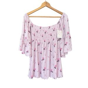 Free People Shirt Boho pink floral off shoulder peasant 3/4 bell sleeve Size XS